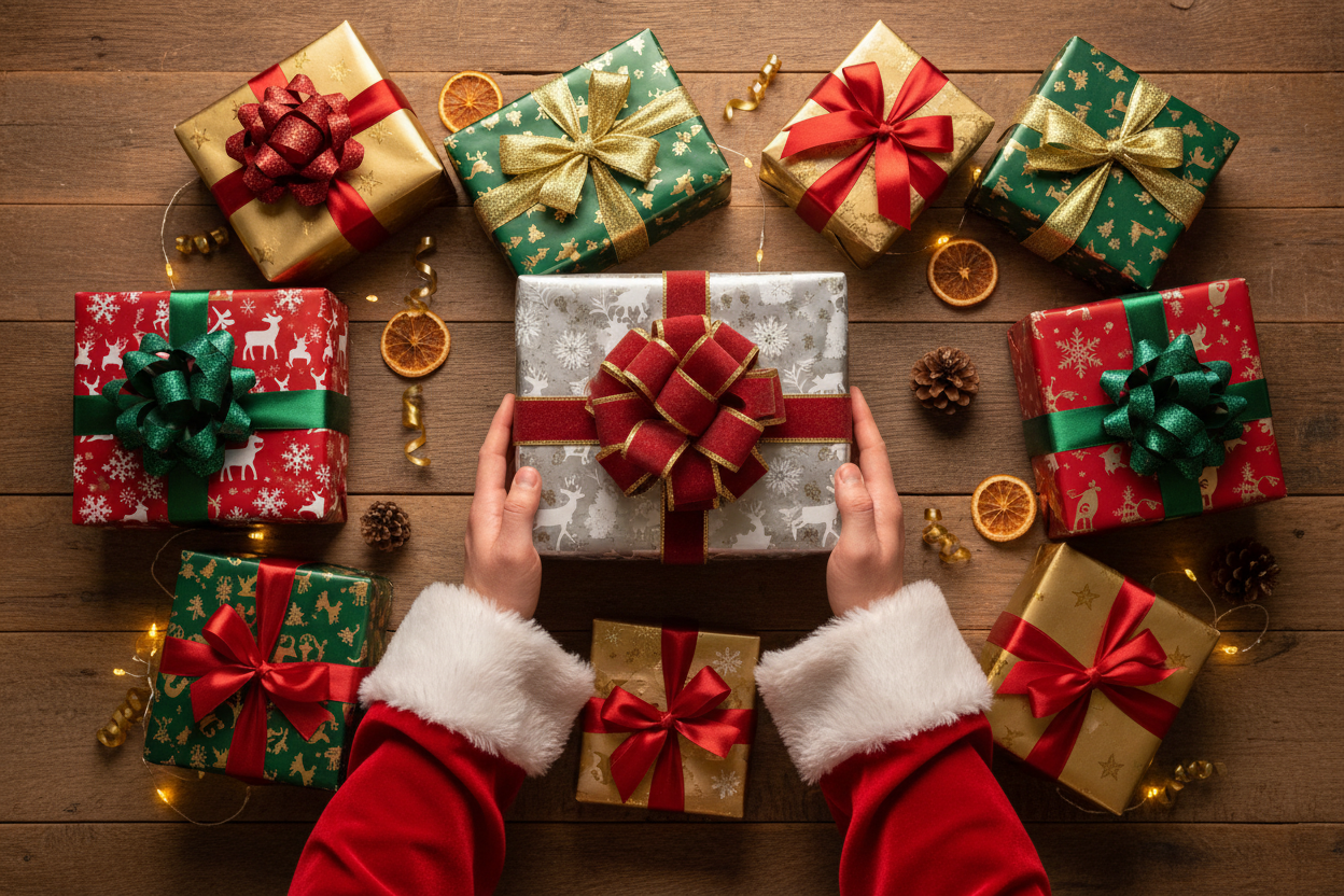 Christmas gifts on a wood floor background with santas hands holding a present 